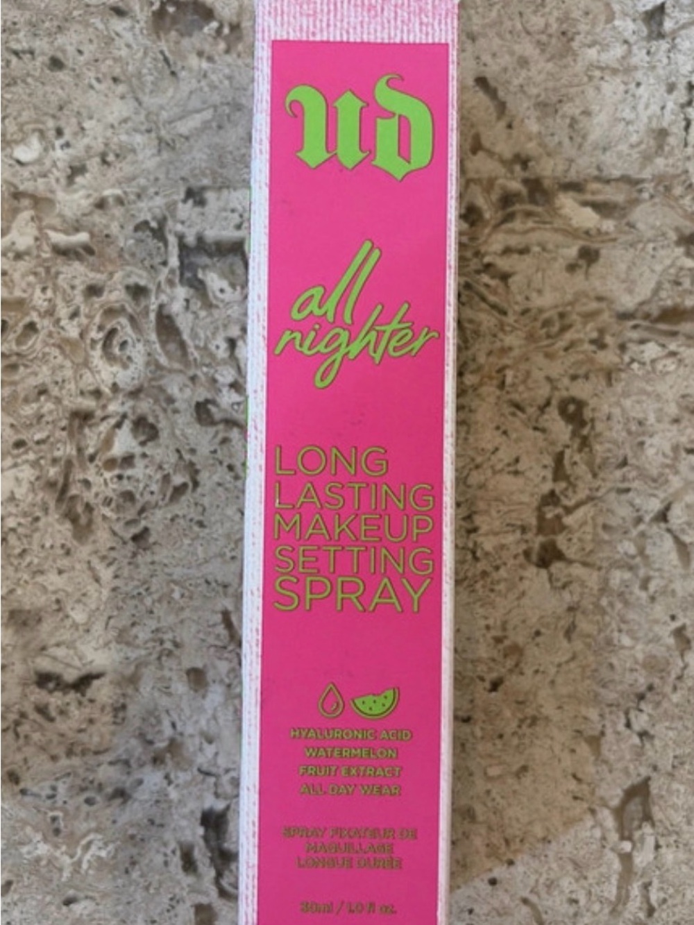 Urban Decay All Nighter Setting Spray in Bright Pink with Neon Green Logo